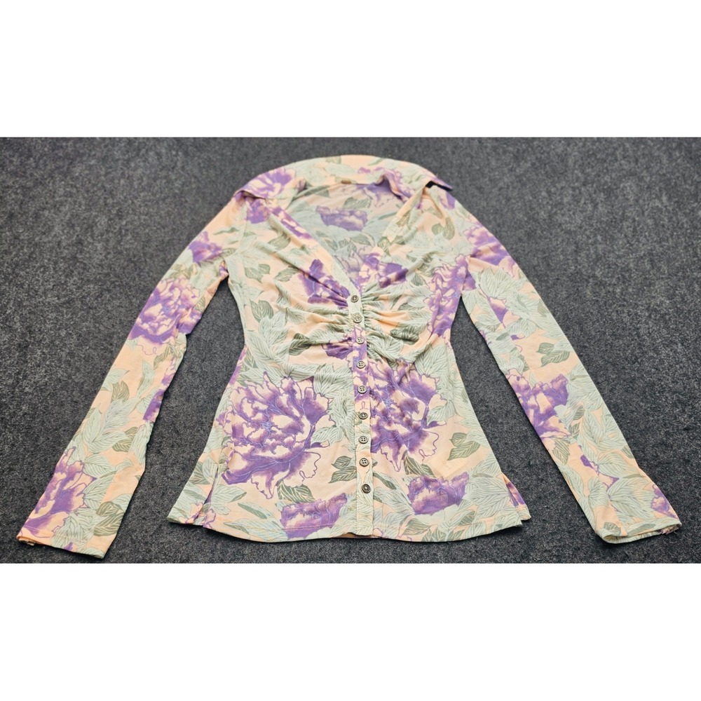 Free People Mesh Top Womens Purple Peach Floral Ruched Button Front Blouse